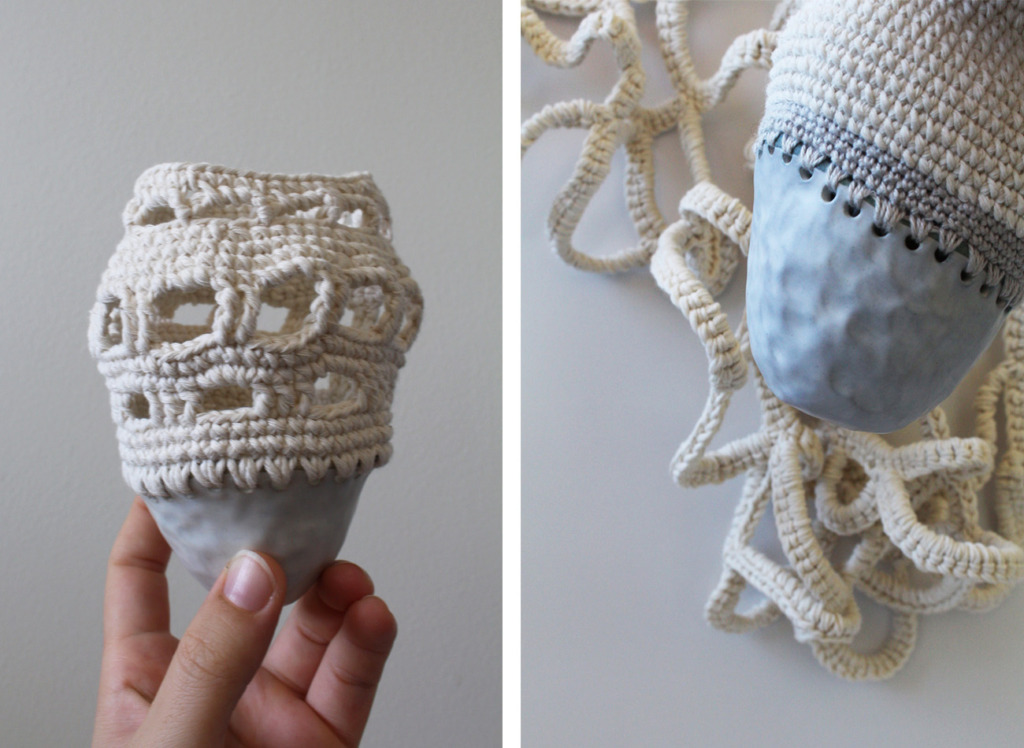 Holly O’Meehan, Functionless Vessel series, 2017, stoneware ceramic, glaze, cotton yarn, jute twine, embroidery thread, cotton rope, dimensions variable