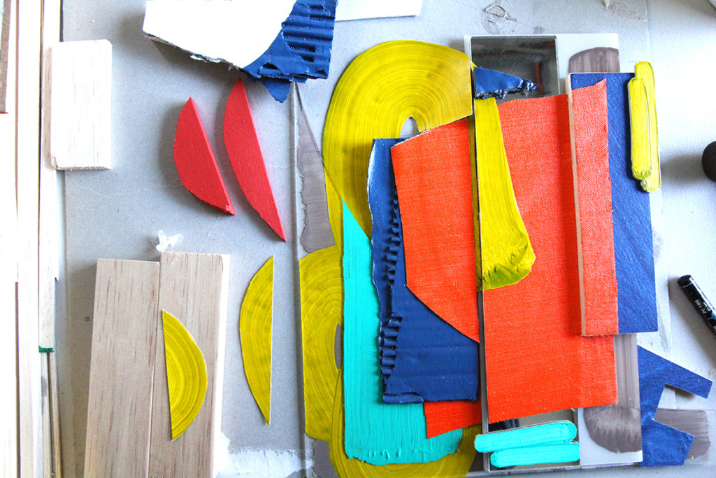 One of Sanne Koelmeij's initial collage sketches, using found materials and perspex found during dumpster diving