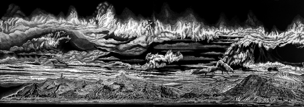 Rew Hanks, Gone Fishing East of Faskrudfjordur, 2018, linocut, 70 × 200cm